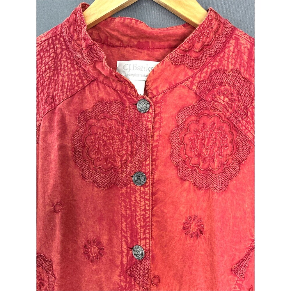 Vtg CJ Banks Floral Embroidered Shirt Jacket 1X Orange Cotton Boho Cottage Artsy - Picture 5 of 16